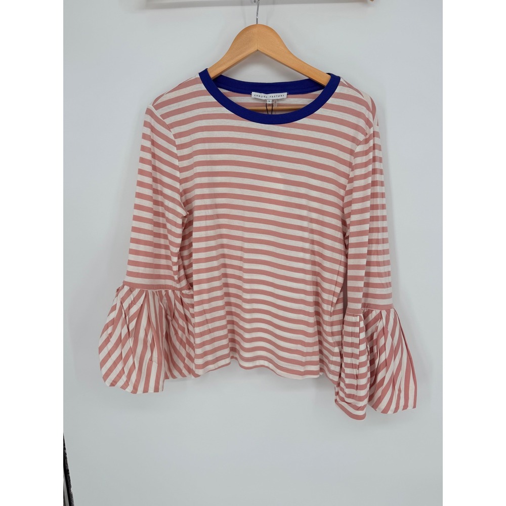 English Factory Pink White Striped Tiered Bell Sleeve Ringer Top Large L